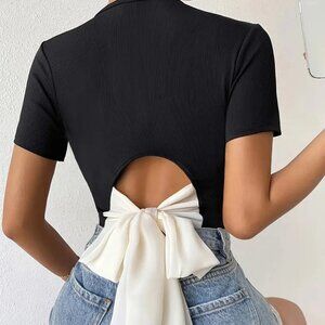 Bowtie Cutout Back Contrast Color Block Top
